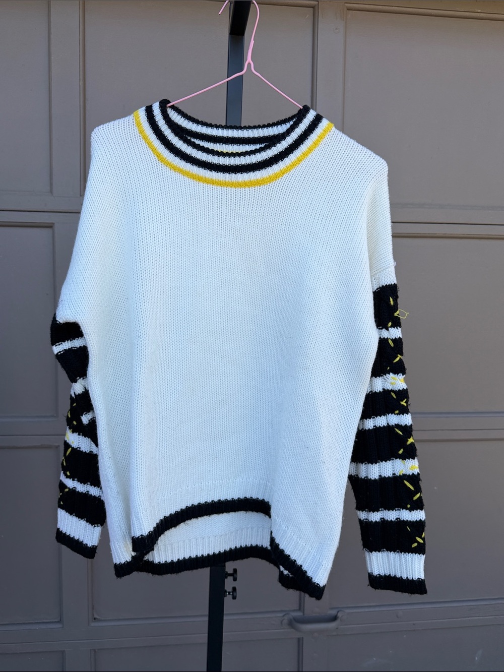 For The Republic White Knit Crewneck Sweater with Black & Yellow Trim
